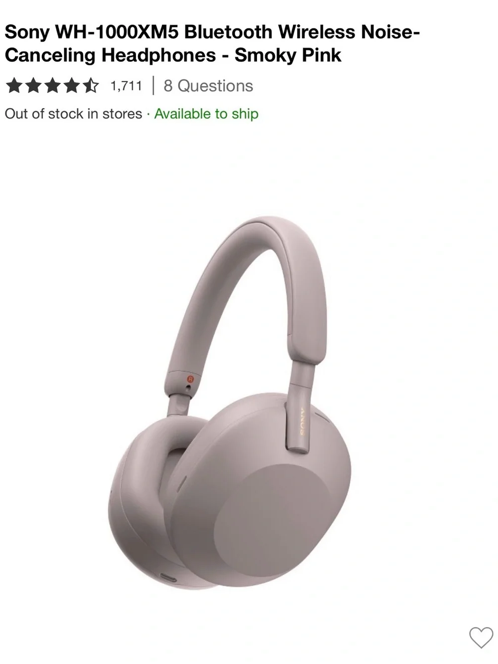 Sony WH-1000XM5 Wireless Noise-Canceling Headphones - Smoky Pink